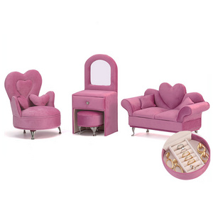 Dollhouse Accessories Mini Furniture Openable Heart Shape Pink Velvet Chair Sofa Jewelry Box for Women Girls Gifts