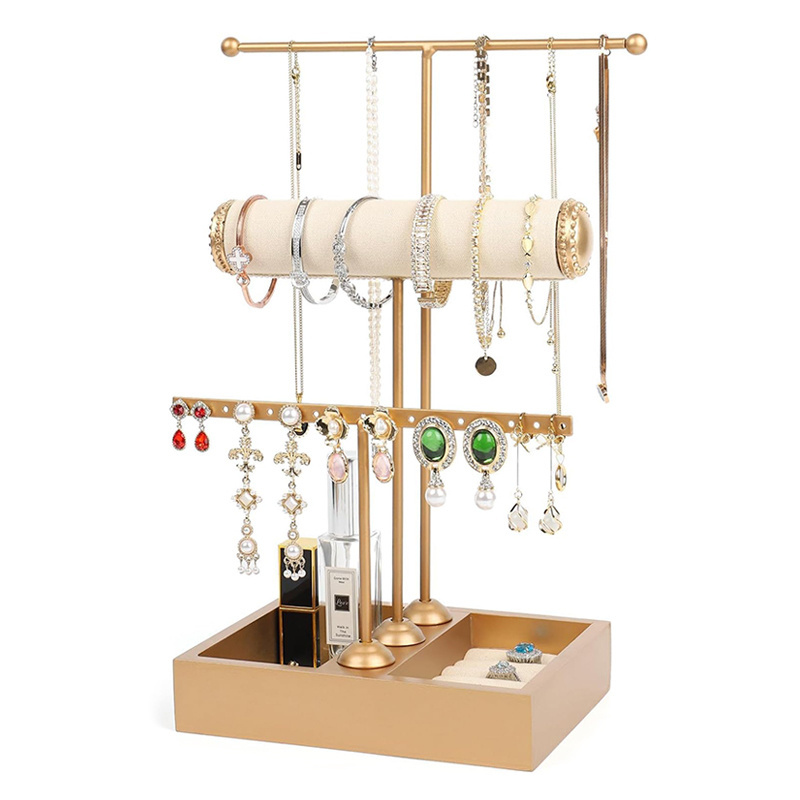 3 Tier Jewelry Organizer Earring Holder Necklace Display Stand Bracelet Rack Tree Jewelry Tower with Velvet Ring Tray T-bar