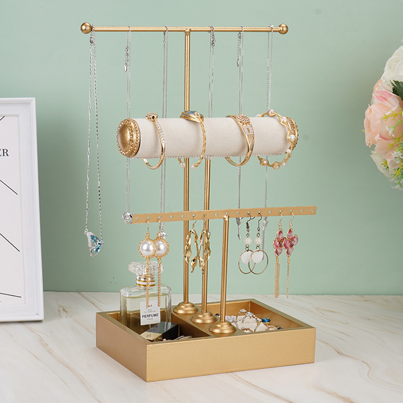 3 Tier Jewelry Organizer Earring Holder Necklace Display Stand Bracelet Rack Tree Jewelry Tower with Velvet Ring Tray T-bar