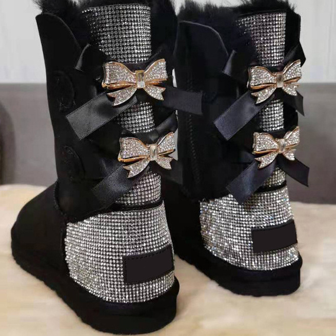 Wholesale Fashion Ladies Sheepskin Kids Women Winter Snow Ribbon Fur Boots With Bows 2024 Snow Boots For Woman