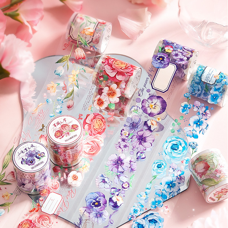 4 designs 1 pcs / set washi tape flower rose tulip anime stickers decoration PET waterproof tape for DIY Kraft scrapbook JIUMO