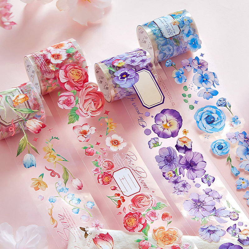 4 designs 1 pcs / set washi tape flower rose tulip anime stickers decoration PET waterproof tape for DIY Kraft scrapbook JIUMO