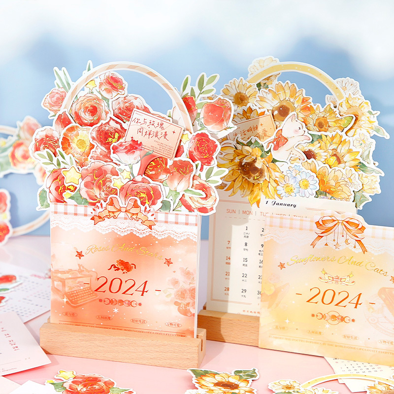 Mr. Paper 4 Design 14 Pages / Set Desk Calendar 2024 Year Flower 3d Gilding Romantic Decoration Calendar for Planner