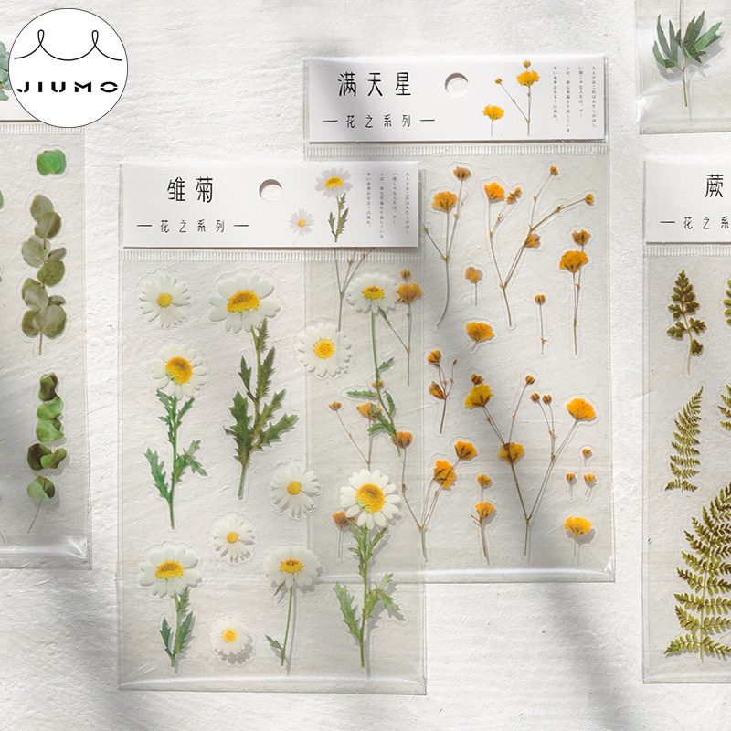 12 Designs Natural Daisy Clover Japanese Words Stickers Transparent PET Material Flowers Leaves Plants Deco Stickers JIUMO