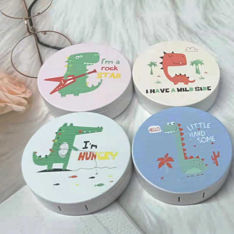 round cartoon design  dinosaur contact lens case kit with animal and fruit