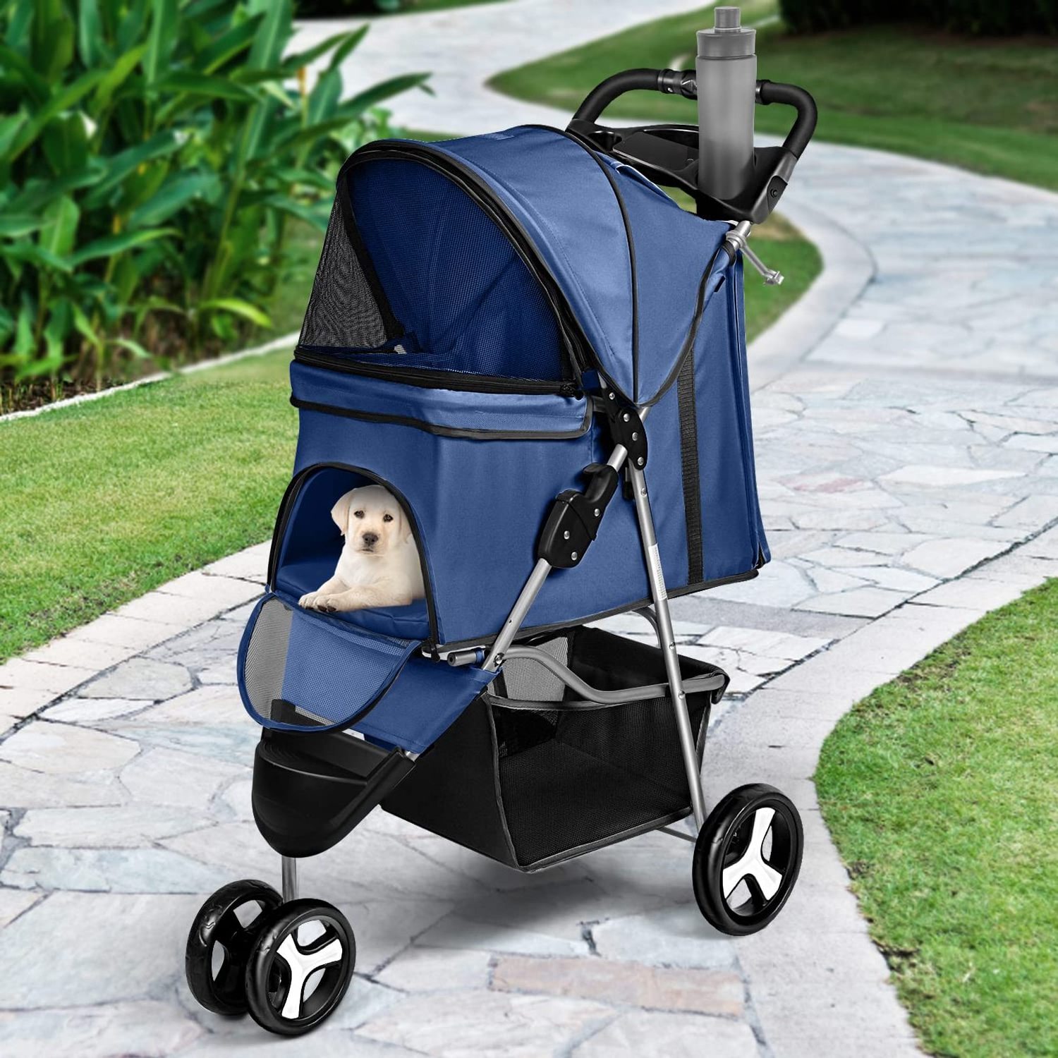 3 Wheel Foldable Cat Dog Stroller with Storage Basket and Cup Holder for Small and Medium Cats, Dogs