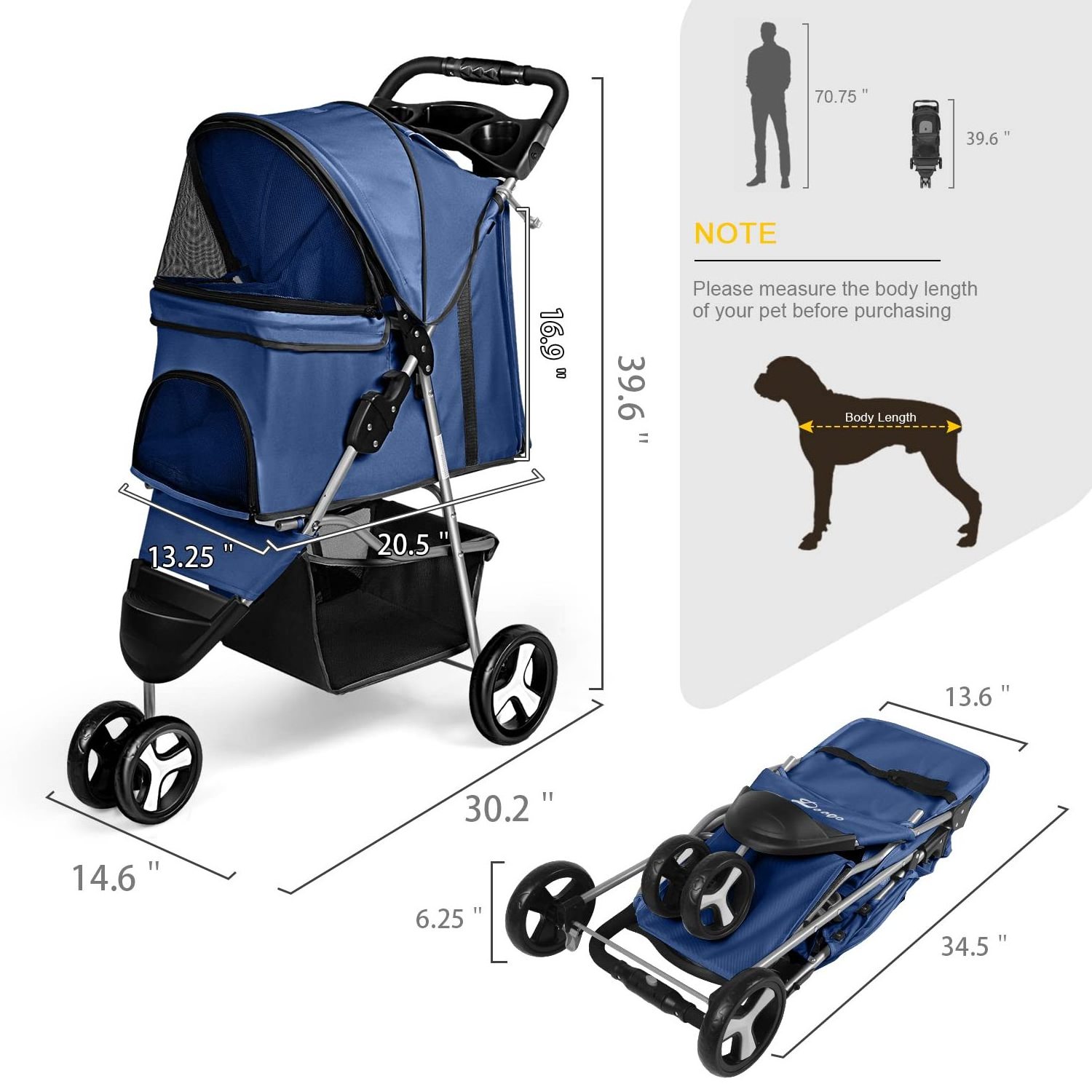 3 Wheel Foldable Cat Dog Stroller with Storage Basket and Cup Holder for Small and Medium Cats, Dogs