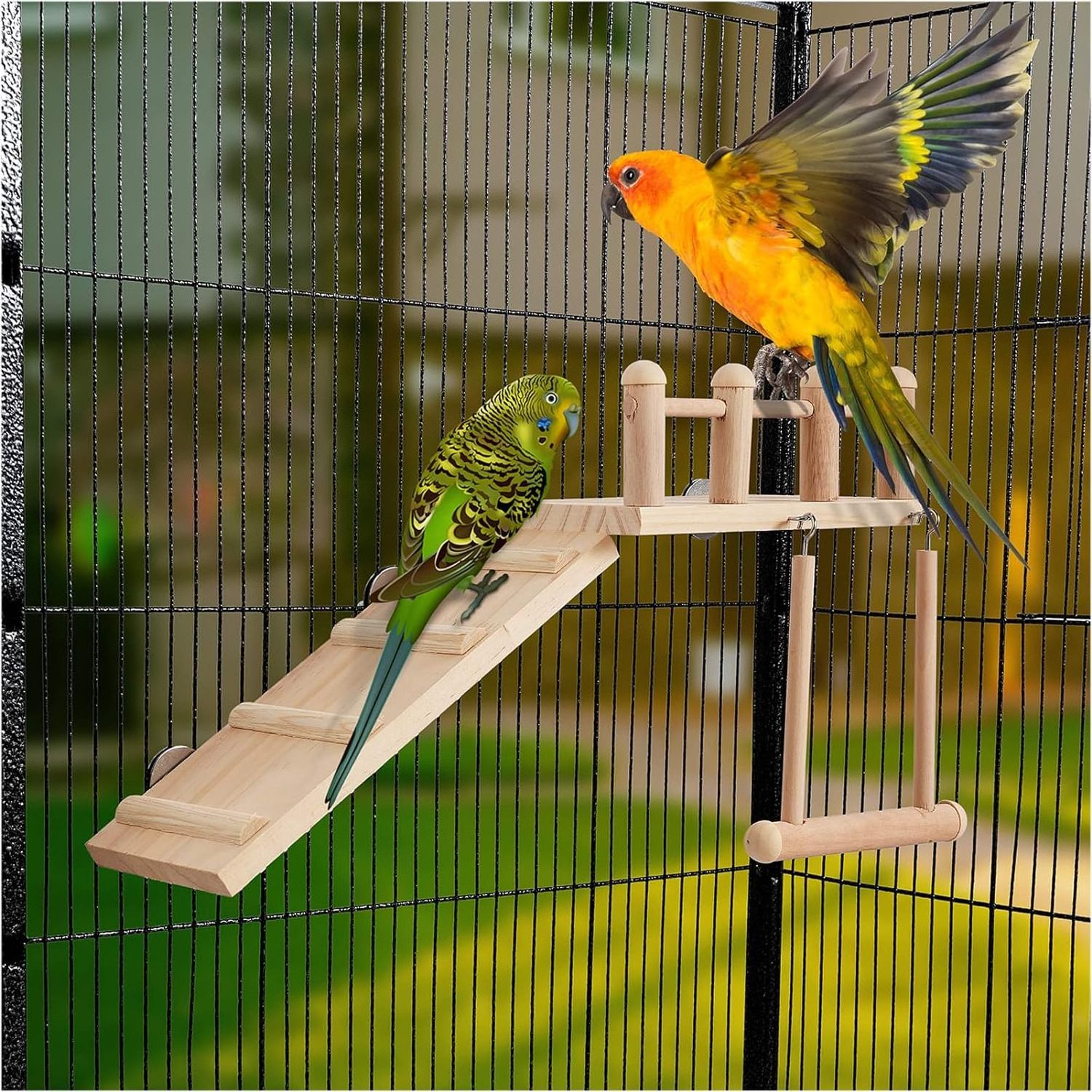 Bird Perches Platform Swing with Climbing Ladder, Parakeet Cage Accessories Wooden Playing Gyms Exercise Sturdy for Small Birds