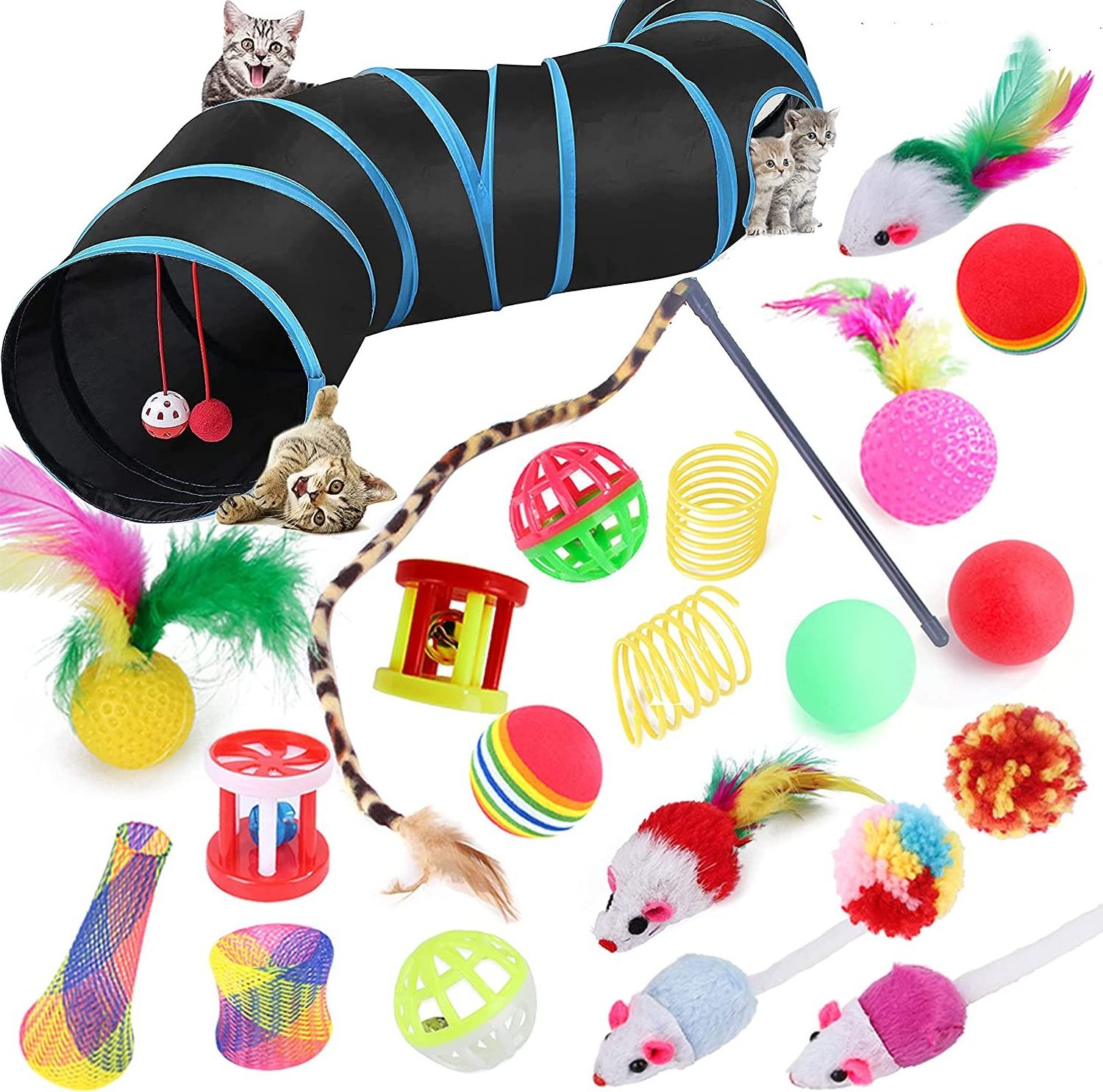 22 Pcs Cat Toys for Indoor Cats Adults Interactive Kitten Toys Cat Tunnel Mouse Feather Teaser Wand Spring Toy