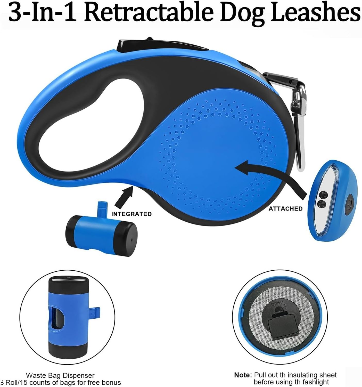 2023 Newest 16ft Retractable Dog Leash with Waste Bag Dispenser and Flashlight for Small Medium Dogs up to 66lbs