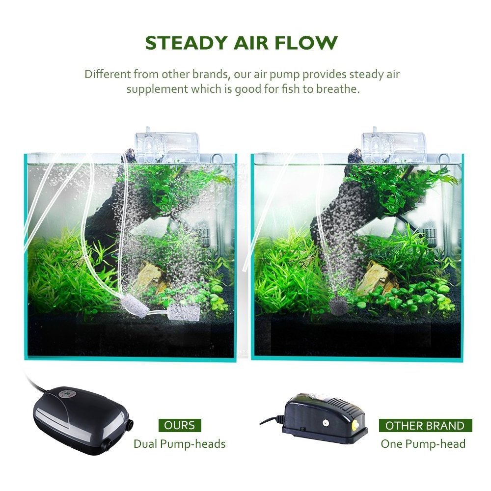 Silent 5W Aquarium Air Pump Fish Tank Mini Aerator Oxygen Pump Double Outlet Air Pump 2 Air stones/2M Silicone Tubes