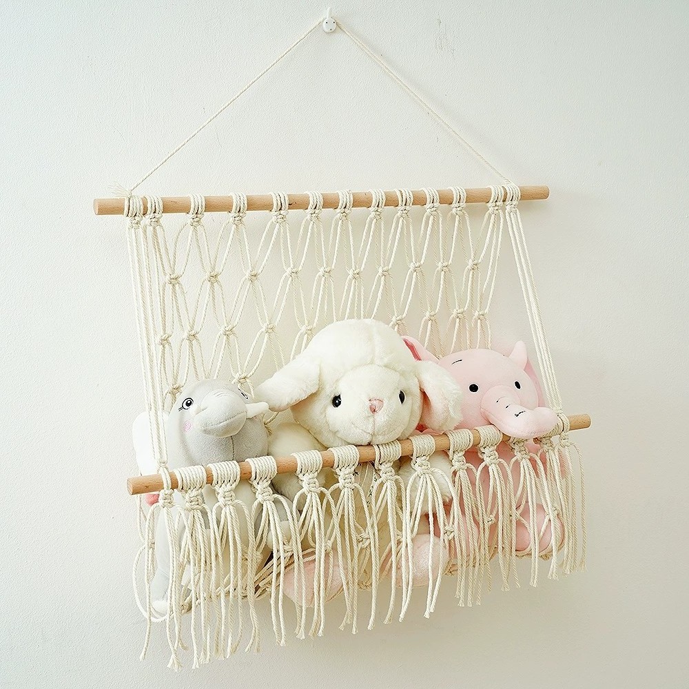 Hand-woven Cotton Rope Storage Rack Boho Cute Baby Room Decoration Cotton Handmade Wall Hanging Macrame Nursery Toy Hammock