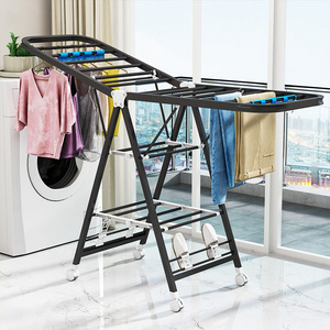 Collapsible Pull 2 Level Stainless Steel Floor Standing Folding Hanging Clothes Drying Rack With Wheels For Laundry Room Balcony