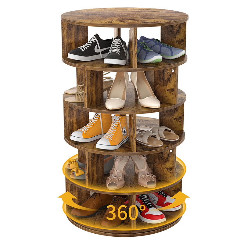 Household Storage Furniture Organizer 5 Tiers Revolving Sapateira Stackable Round Wood 360 Rotating Shoe Rack For Living Room