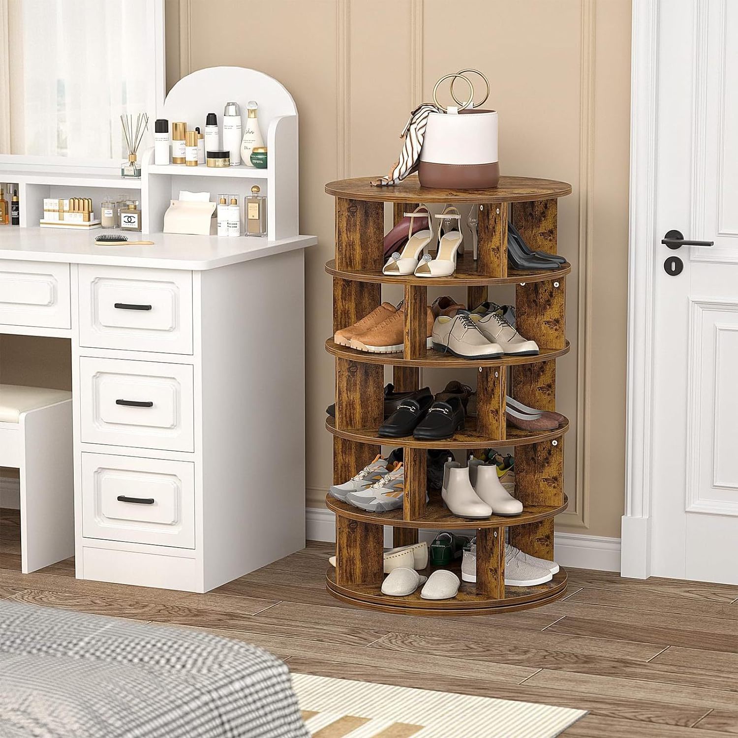 Household Storage Furniture Organizer 5 Tiers Revolving Sapateira Stackable Round Wood 360 Rotating Shoe Rack For Living Room