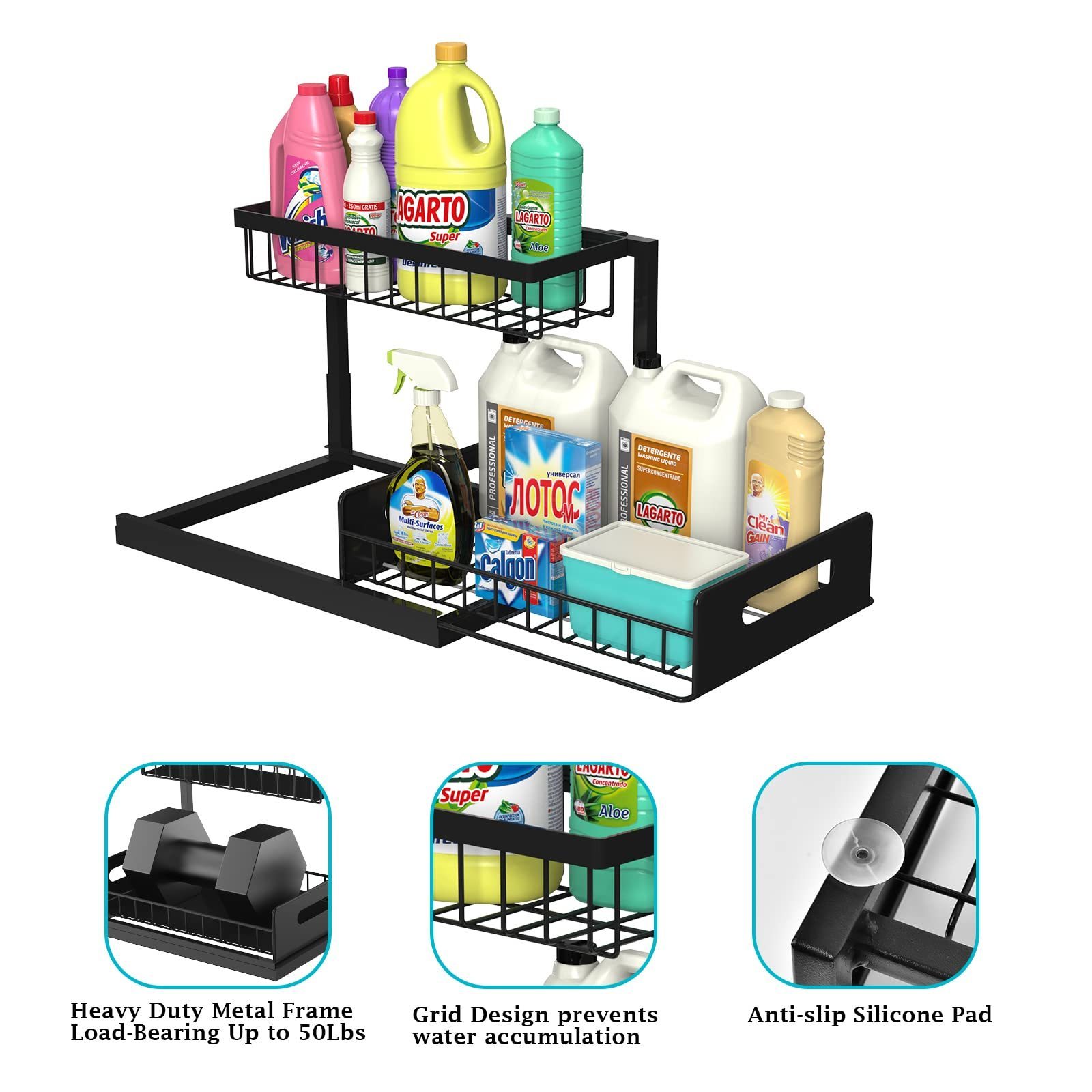 2 Tier Slide Out Kitchen Accessory Spice Rack Pull Out Shelves Under The Sink Organiser Undersink Cabinet Organizer And Storage