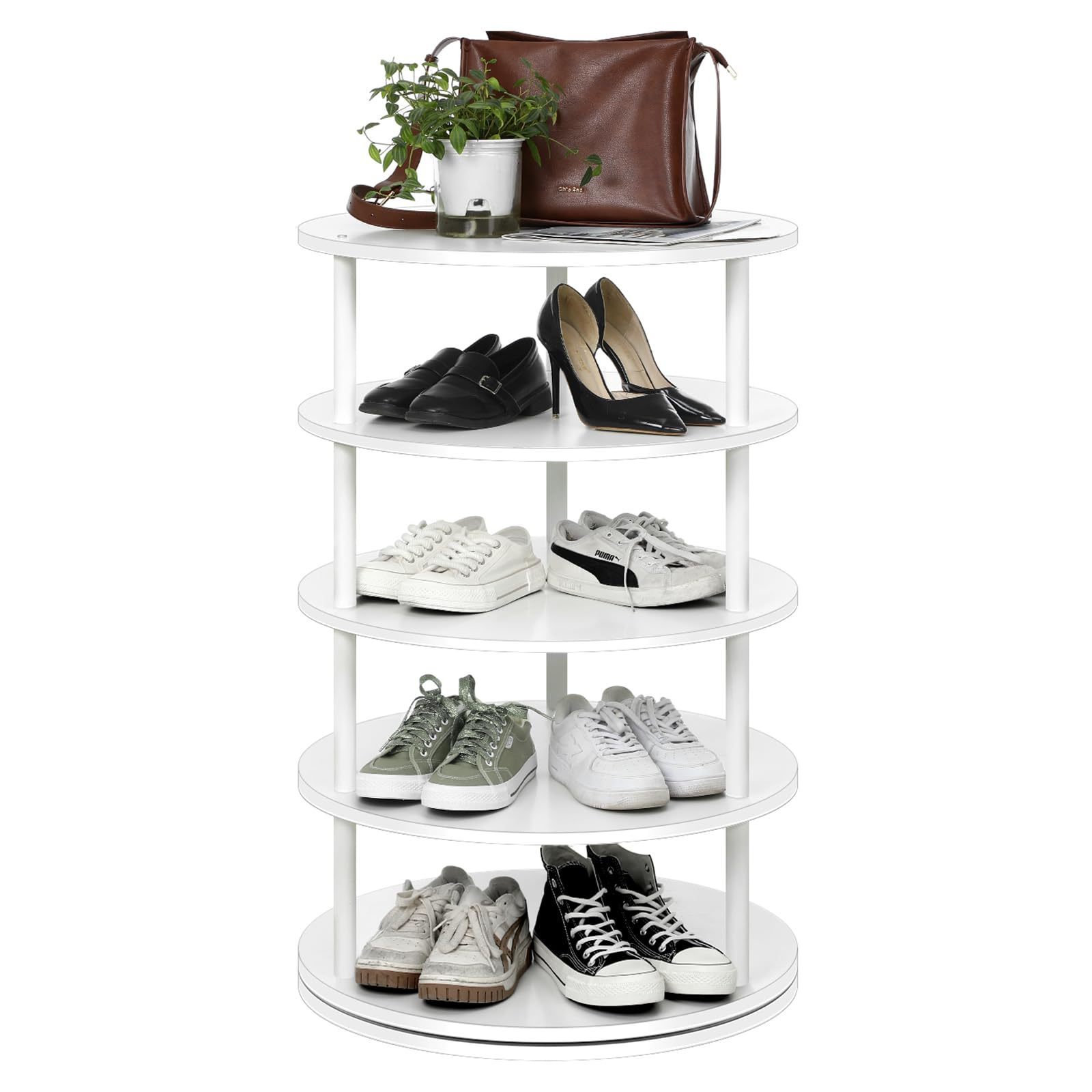 Modern Wood 5 Tier Tall White Spinning Lazy Susan Organizer Commercial 360 Rotating Shoe Rack For Retail Store Shop Boutique