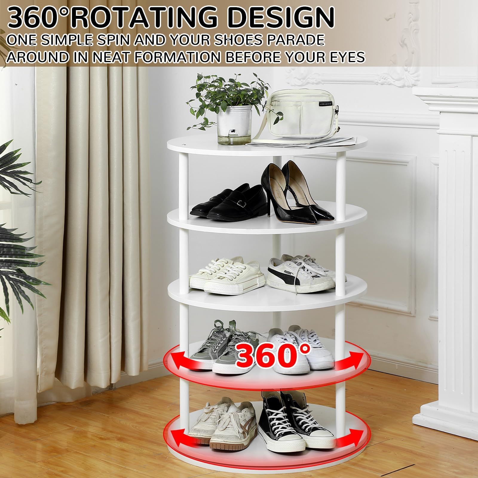 Modern Wood 5 Tier Tall White Spinning Lazy Susan Organizer Commercial 360 Rotating Shoe Rack For Retail Store Shop Boutique