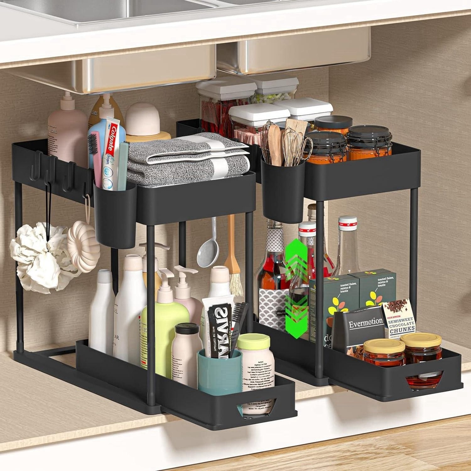 Pull Out Cabinet Organizer Shelf 2 Tier Black Under Sink Storage And Organizers For Bathroom Kitchen With 4 Hooks