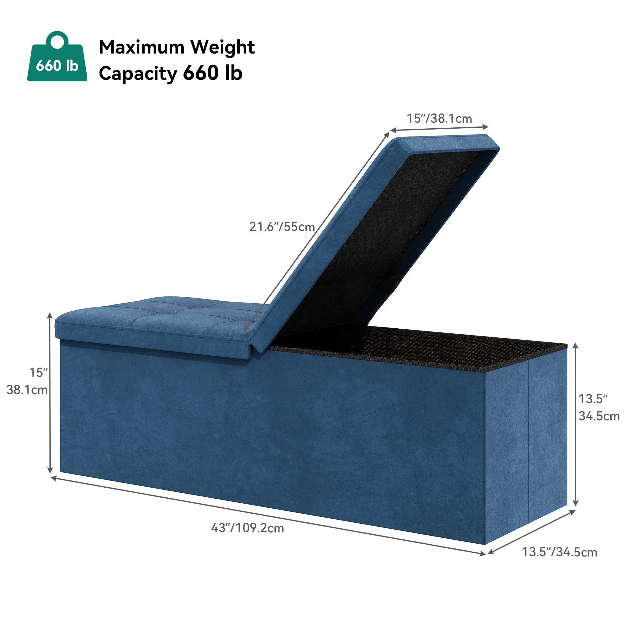 43 Inches Folding Storage Ottoman Bench Dutch Velvet Footrest With 35Mm High Elasticity Sponge Seat Metal Frame For Sturdiness