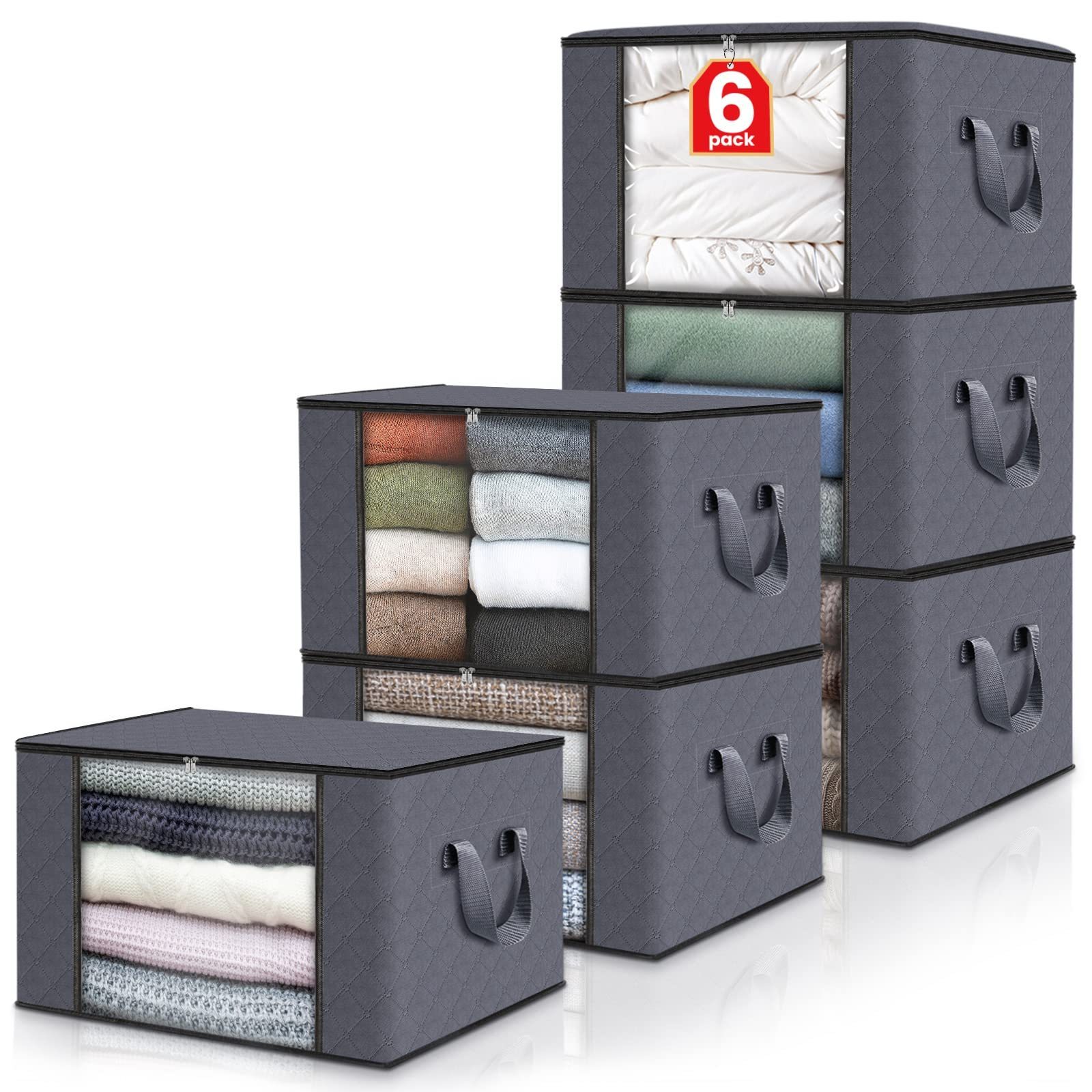 Large Storage Bag 6 Pack Clothes Storage Bins Foldable Closet Organizer Containers Non Woven Collapsible Storage Box