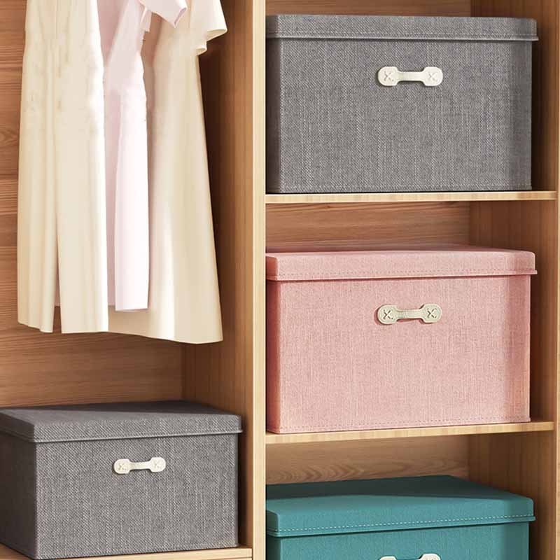 Large Collapsible Toys Boxes Cotton Linen Fabric Foldable Storage Bins Organizer Containers With Leather handle Lid For Bedroom