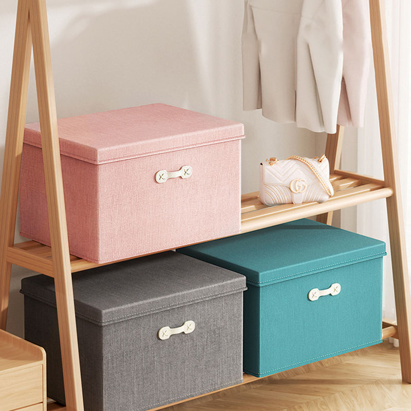 Large Collapsible Toys Boxes Cotton Linen Fabric Foldable Storage Bins Organizer Containers With Leather handle Lid For Bedroom