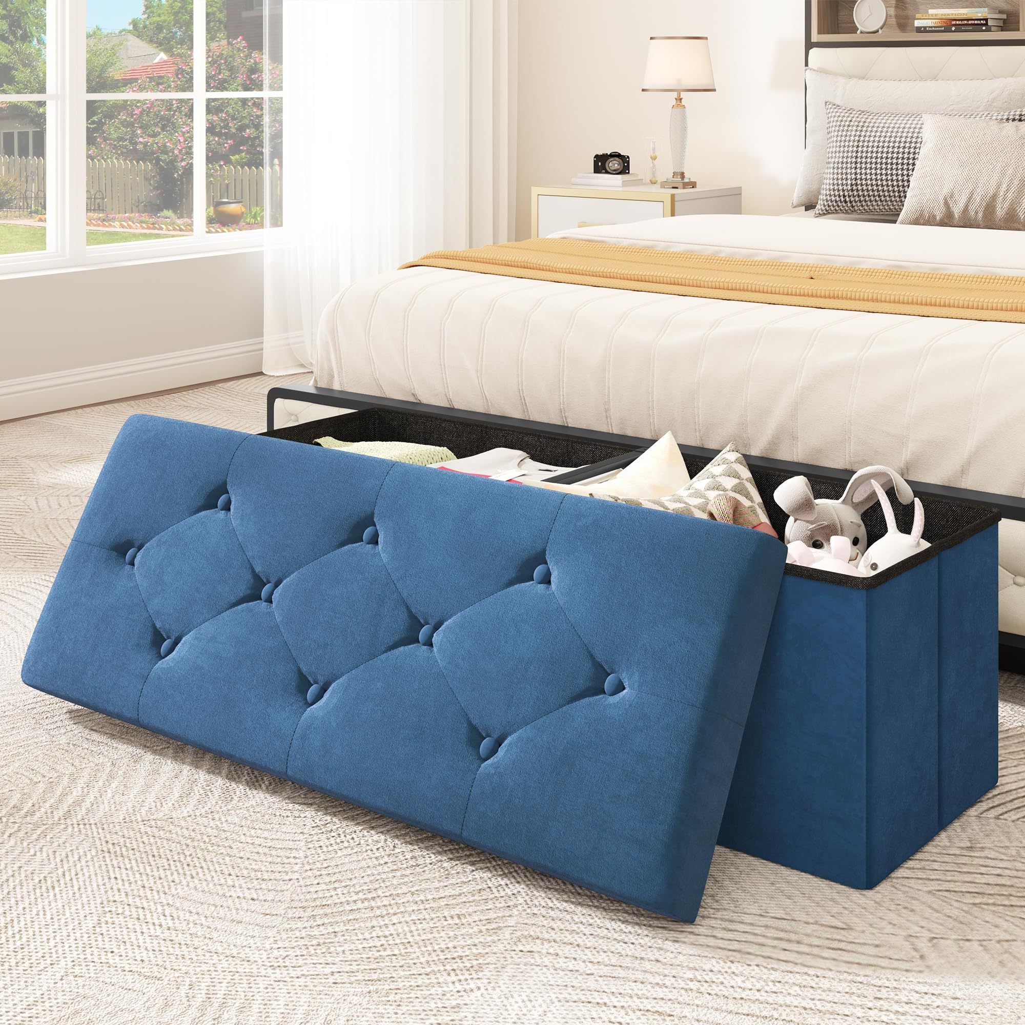 Folding 120L Storage Ottoman Bench Velvet Footrest With Elasticity Sponge Seat Metal Frame For Sturdiness Holds Upto 680 Lbs