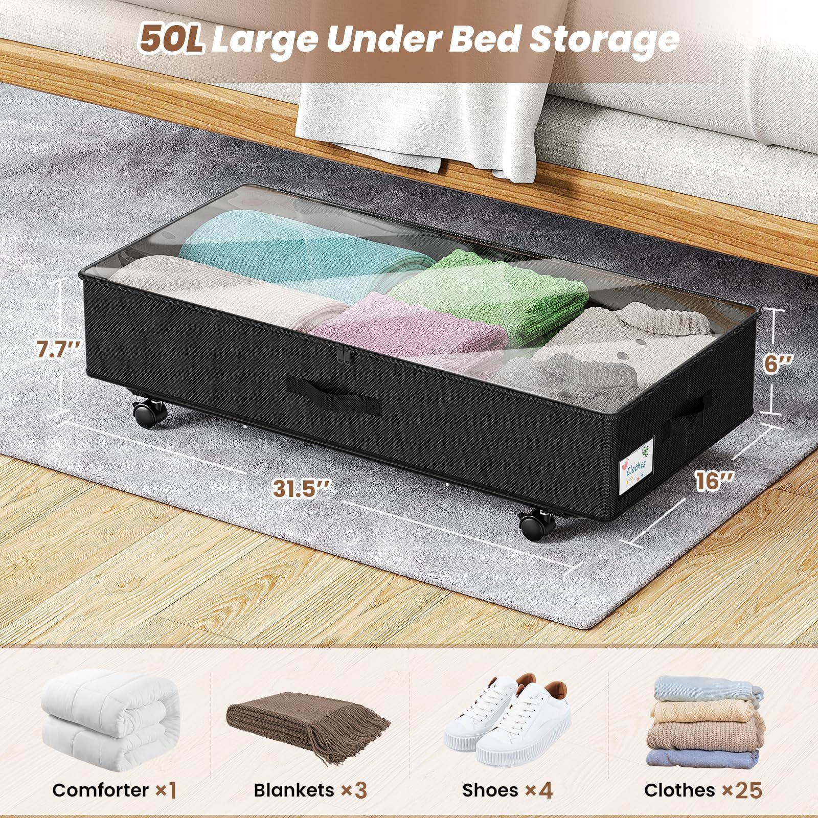 Customizable Visible Rolling Drawer Bin Blankets Bag Under Bed Storage Boxes Containers With Lid Wheels For Clothes Organizer