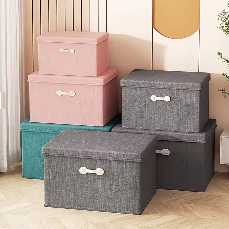 Large Collapsible Toys Boxes Cotton Linen Fabric Foldable Storage Bins Organizer Containers With Leather handle Lid For Bedroom