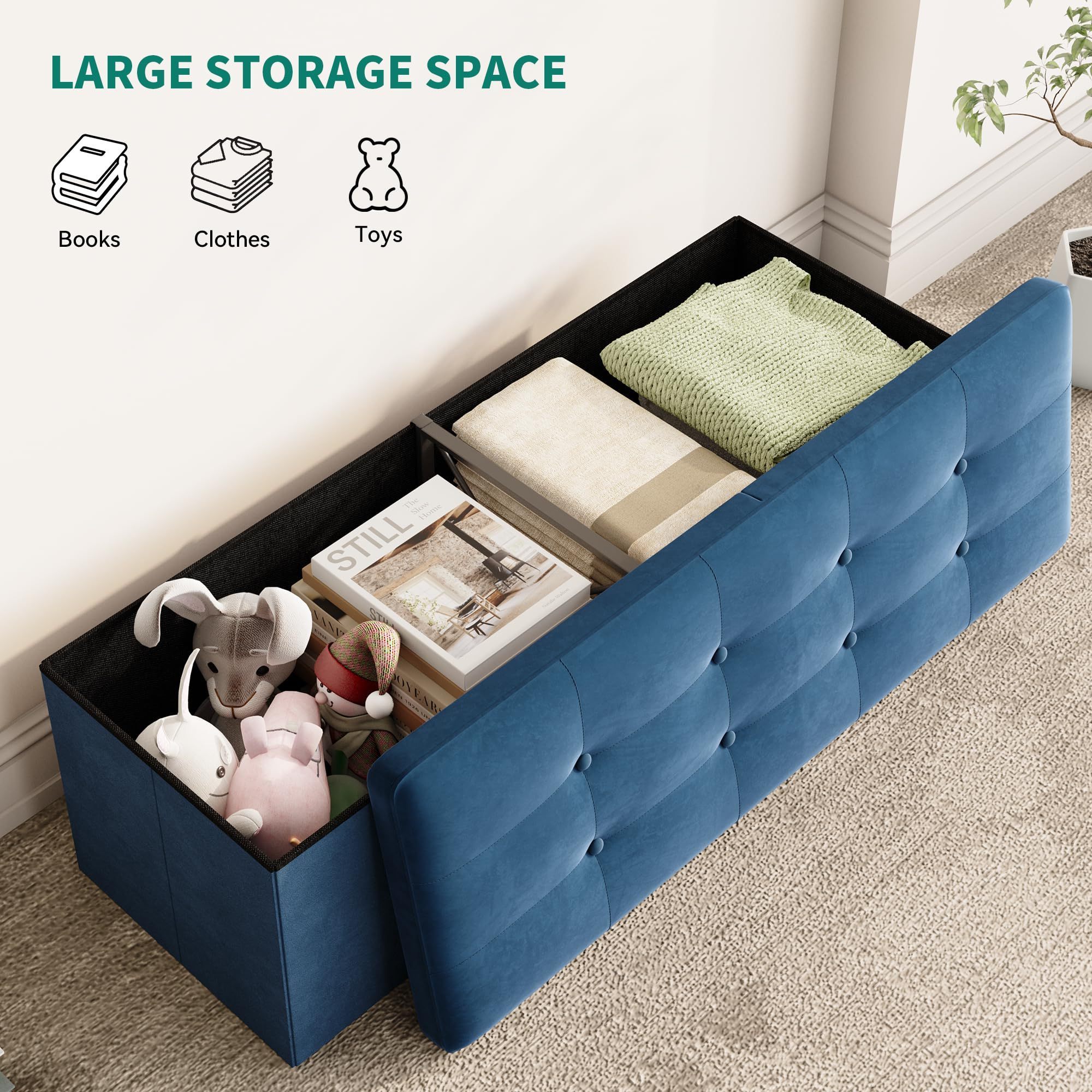 43 Inches Folding Storage Ottoman Bench Dutch Velvet Footrest With 35Mm High Elasticity Sponge Seat Metal Frame For Sturdiness