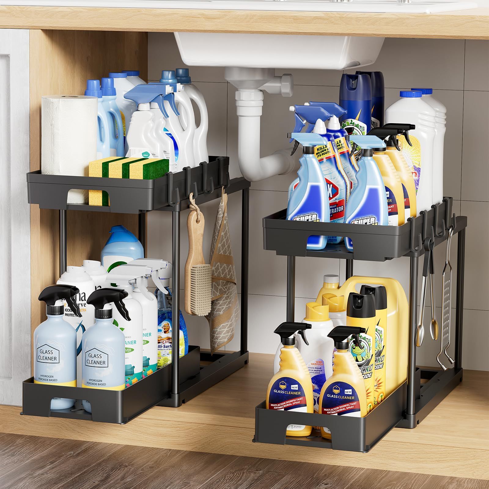 Custom Design Kitchen 2 Tier Double Layer Pull Out Under Counter Sink Storage For Bathroom Vanities With 8 Hooks