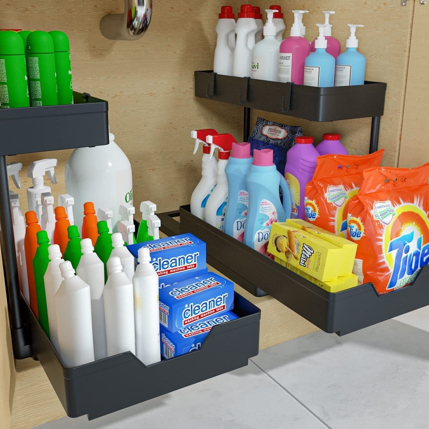 Double Layer Cleaning Supplies Plastic Home Organiser Rack L Shaped Kitchen Cabinet Storage Shelf Under The Sink Organizer