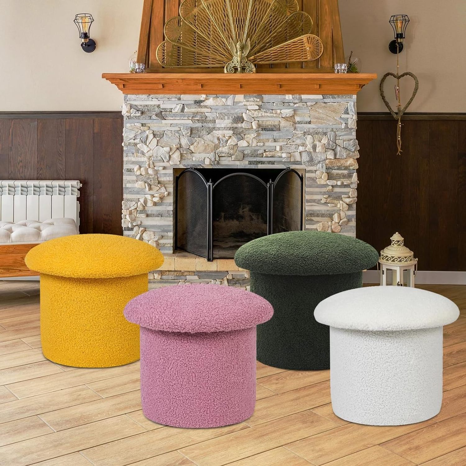 New Design Mushroom Shaped Small Foot Rest Teddy Velvet Upholstered Storage Footstool Ottoman For Room Decoration