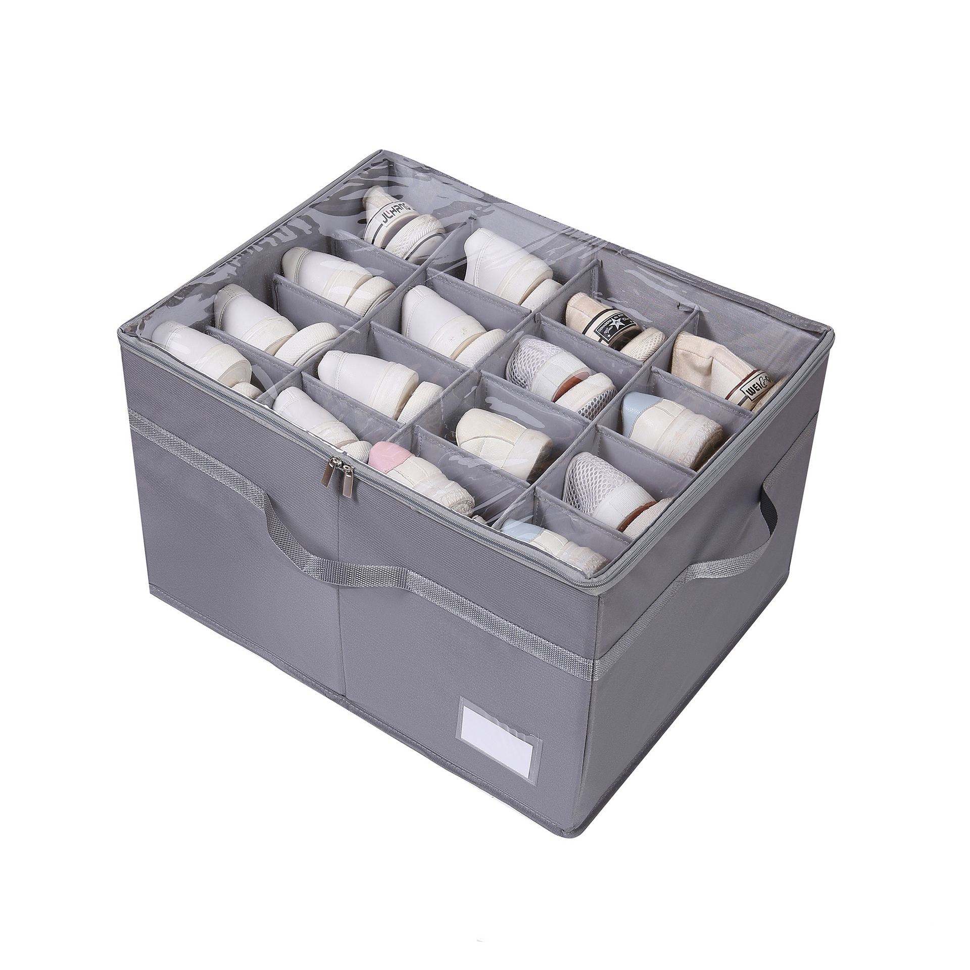 Multifunctional 16 Pairs Transparent Divided Show Classified Grids Organizer Basket Clear Foldable Shoe Storage Box With Zipper