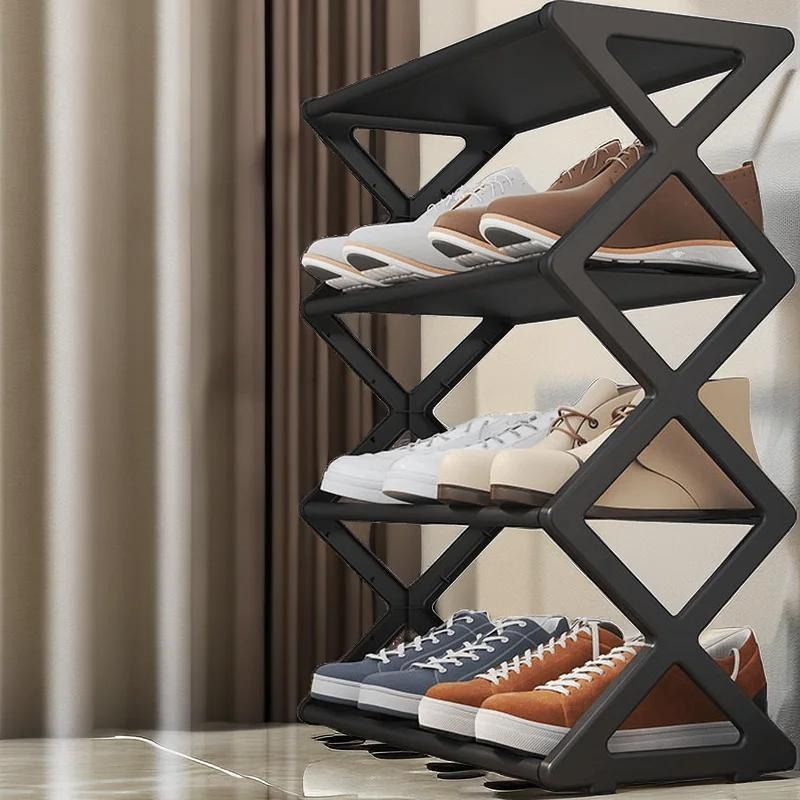 4-Tier Sturdy Stackable Floor Mount Shelf Folding Plastic Space Saving Storage Organizer Backdoor Shoe Rack For Entryway Garage