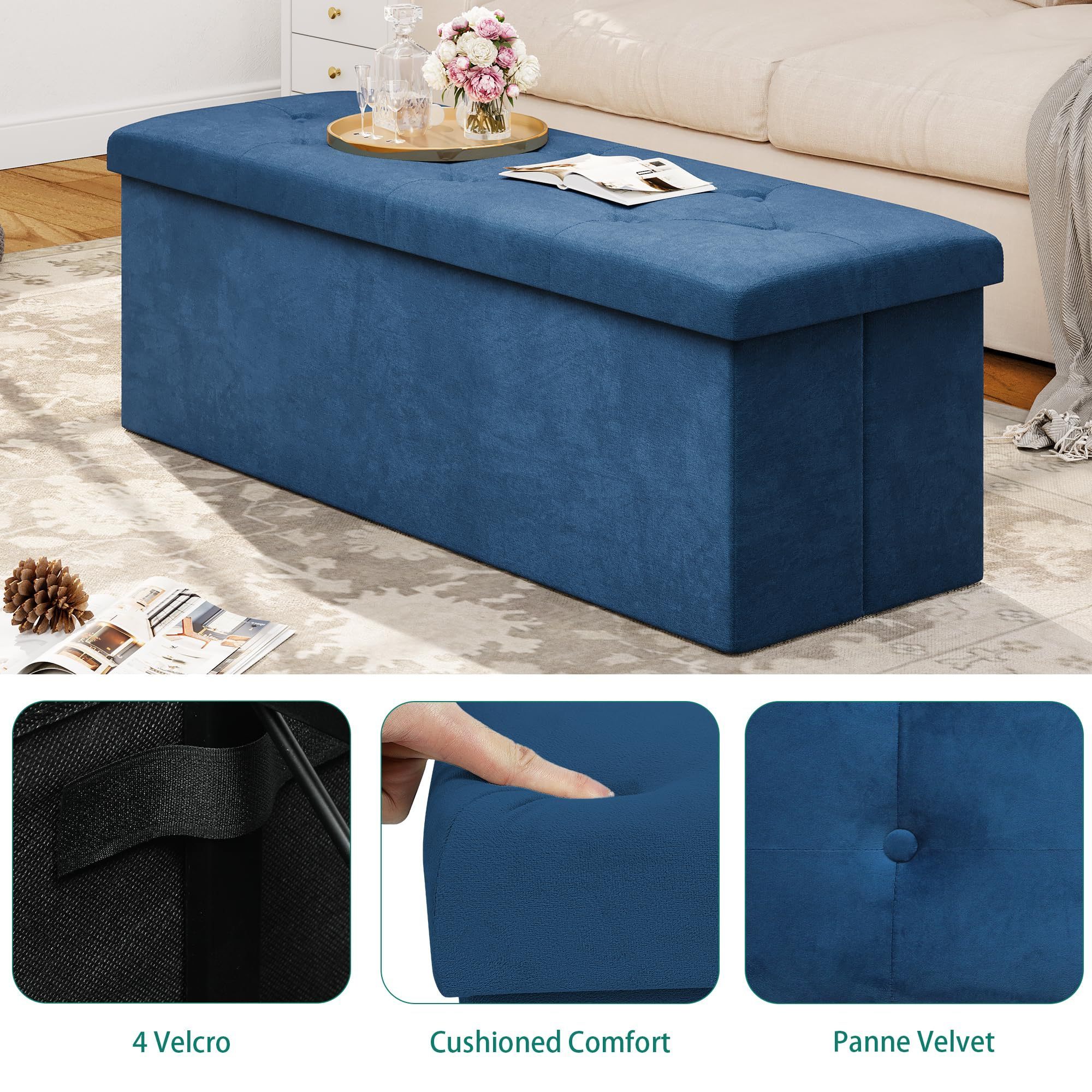 Folding 120L Storage Ottoman Bench Velvet Footrest With Elasticity Sponge Seat Metal Frame For Sturdiness Holds Upto 680 Lbs