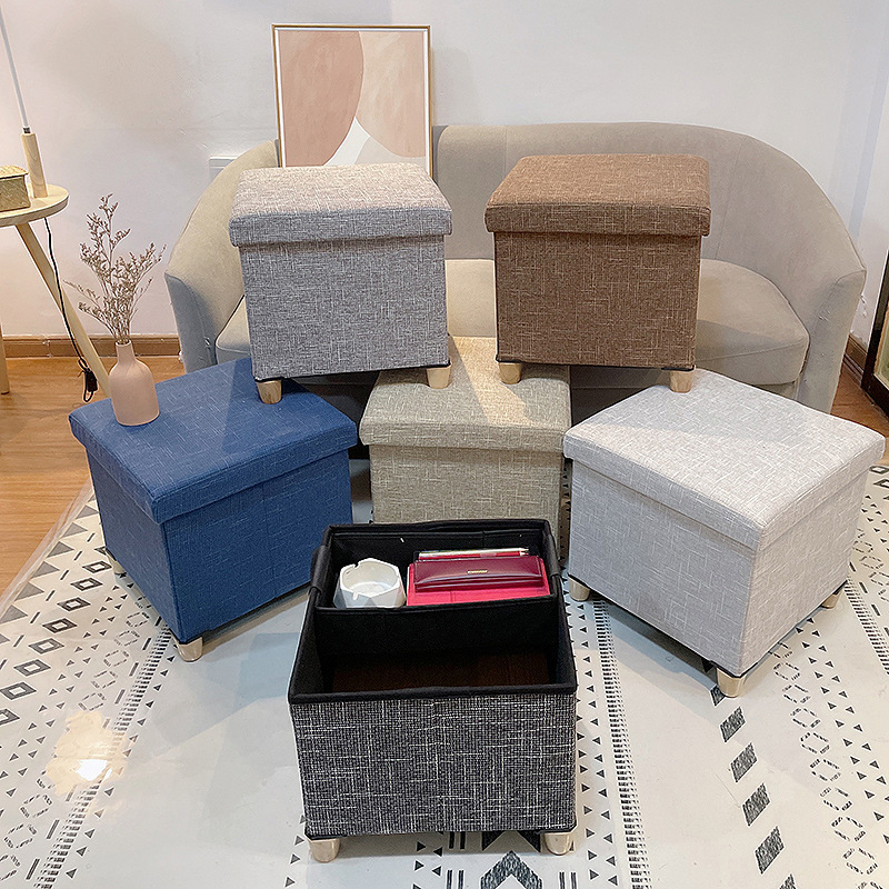 Factory Best Price 30*30*30Cm Cotton Linen Square Sofa Stool  Storage Ottoman With Inner Storage Room Box And Hard Fibreboard