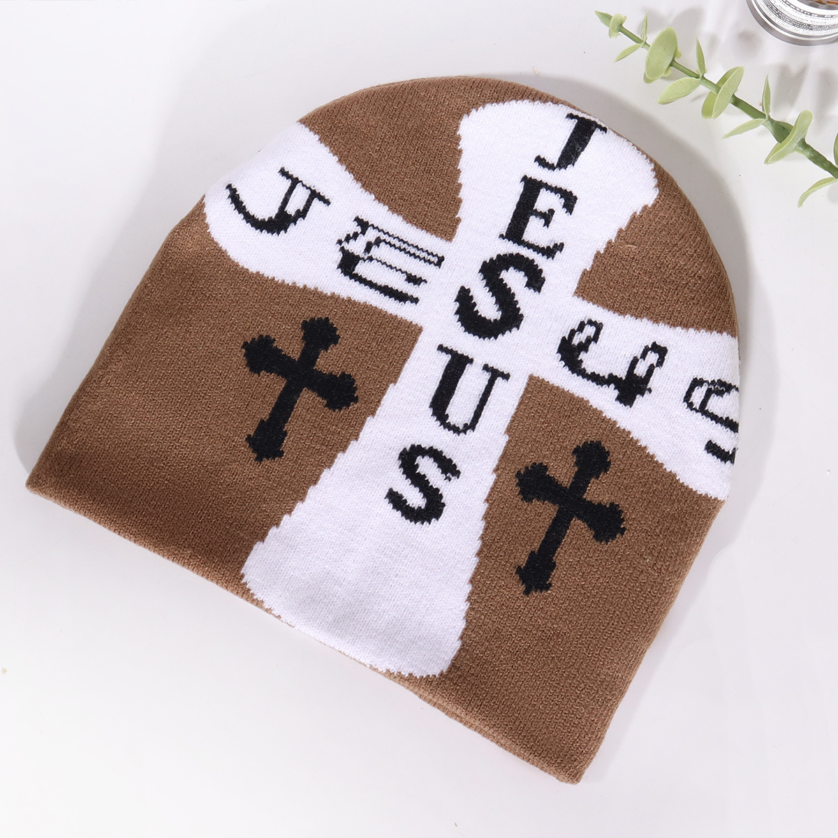 2024 New Fashion Jesus Cross Pattern Knitted Jacquard Beanie Hat Christianity Unisex Skully Beanie Hat