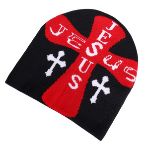 2024 New Fashion Jesus Cross Pattern Knitted Jacquard Beanie Hat Christianity Unisex Skully Beanie Hat