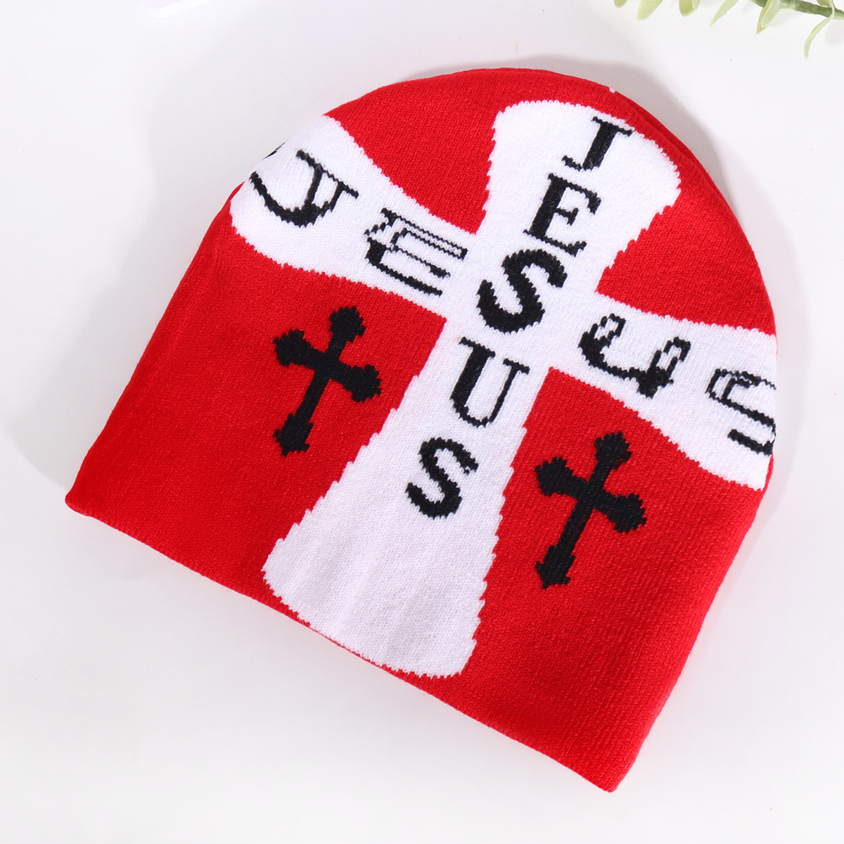 2024 New Fashion Jesus Cross Pattern Knitted Jacquard Beanie Hat Christianity Unisex Skully Beanie Hat