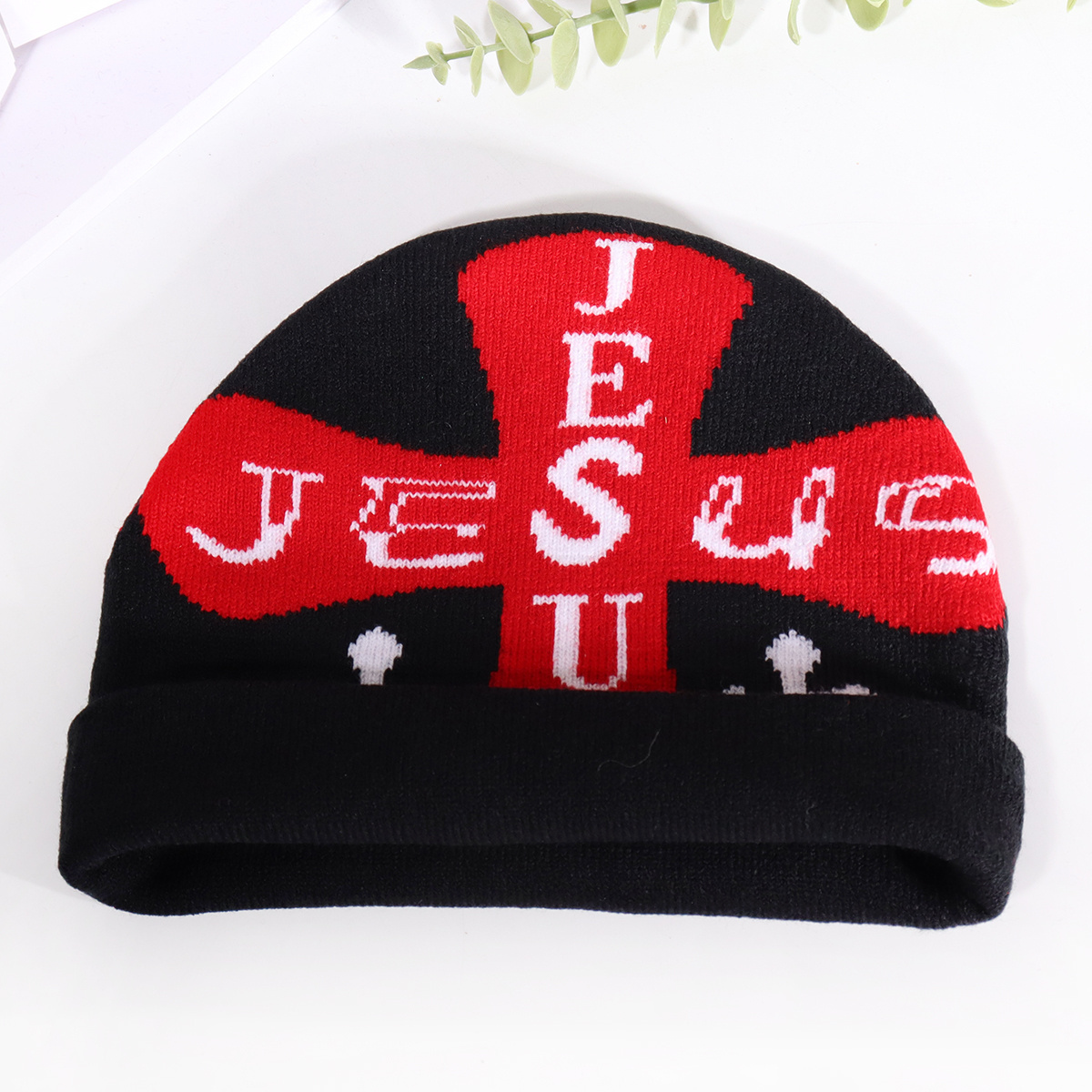 2024 New Fashion Jesus Cross Pattern Knitted Jacquard Beanie Hat Christianity Unisex Skully Beanie Hat