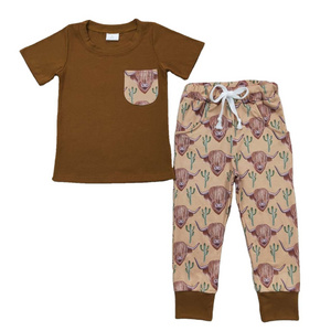 cow brown western Short Sleeve Bell Bottoms sets little baby girl clothes wholesale boutique kids clothing