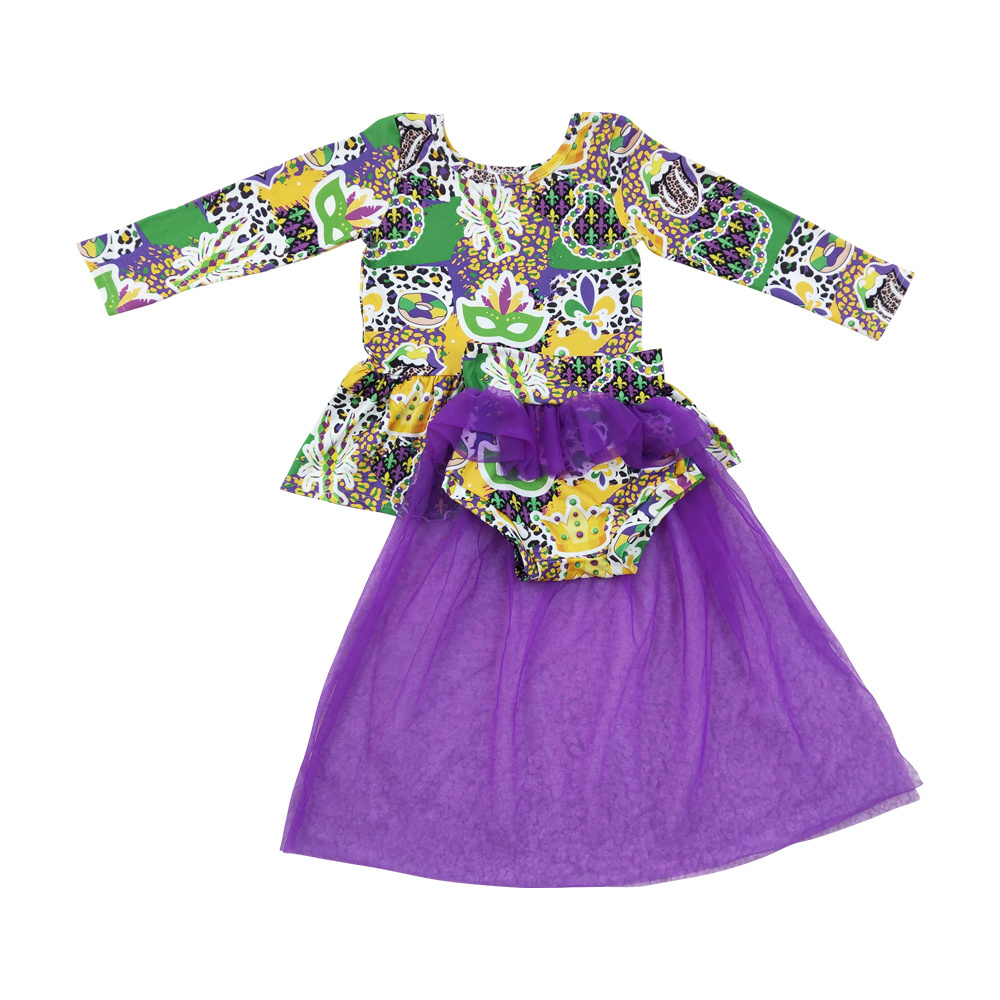 Mardi Gras Children Clothing Sets Long Sleeves Top Boutique Outfit Purple Chiffon Bummies Sets Kids Apparel