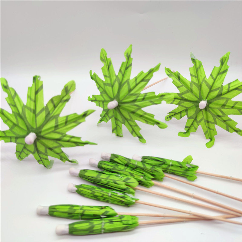 5.9inch Handmade Green Coconut Palm Tree Umbrellas Bamboo Cocktail Cupcake Fruit Picks Sticks For Drinks Pool Party Decoration