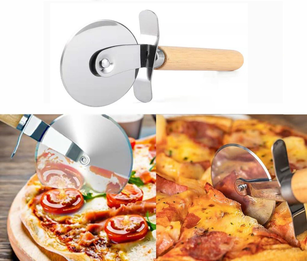 Wholesale Custom Stainless Steel Pizza Cutter Kitchen Pizza Tool Wheel Cutter Wooden Handle Puff Pastry Cutter