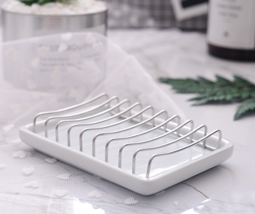 Ceramic Soap Dish with Stainless Steel Shelf Double Drain Sponge Holder Soap Tray Bathroom Shelf Soap Box for Shower