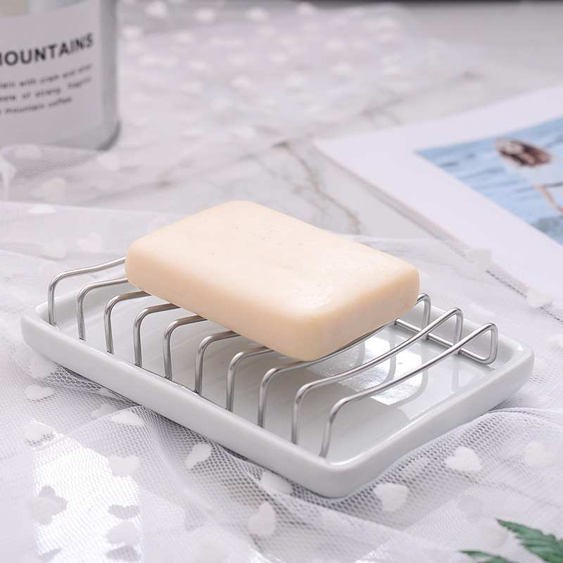 Ceramic Soap Dish with Stainless Steel Shelf Double Drain Sponge Holder Soap Tray Bathroom Shelf Soap Box for Shower