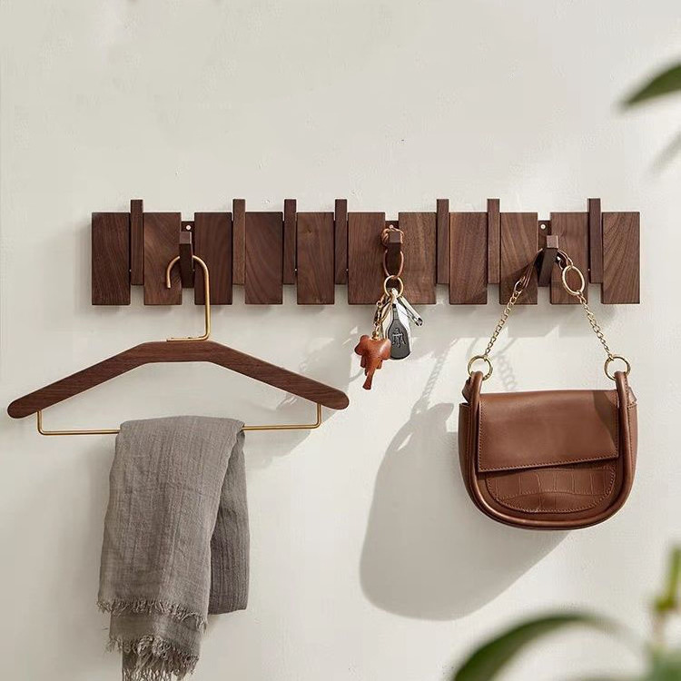 Natural Wood Wall Mounted Piano Coat Rack Hanger Entryway Wall Storage with Hooks Flip Down Wall Hook Rack for Hanging Coats Bag