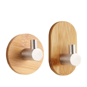 Natural Bamboo Stainless Steel Adhesive Hooks Wall Hanging Hooks Shelf Wall Hangers Coat Hanger Punch-Free Hook